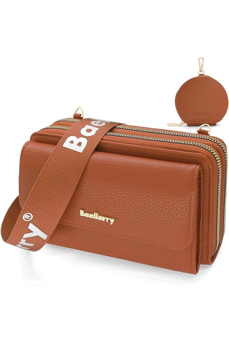 Barna műbőr 2 az 1-ben Crossbody táska/pénztárca kompakt kialakítással és mini pénztárcával (11x19x7cm)