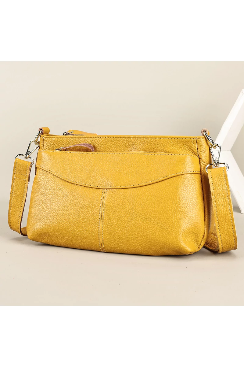 Crossbody Táska Valódi Bőrből Sárga Bonluo állítható pánttal 17*27*11cm
