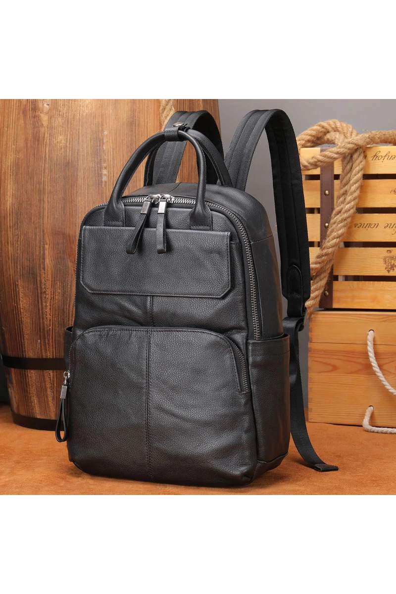 Valódi Bőr Hátizsák Unisex Fekete Bonluo 13,3 hüvelykes laptophoz 37*26*12 cm