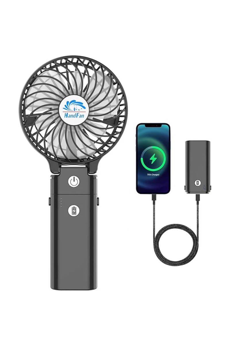 Hordozható Ventilátor 2az1-ben USB töltő Power Bank típusú, 180°-ban összecsukható, Fekete
