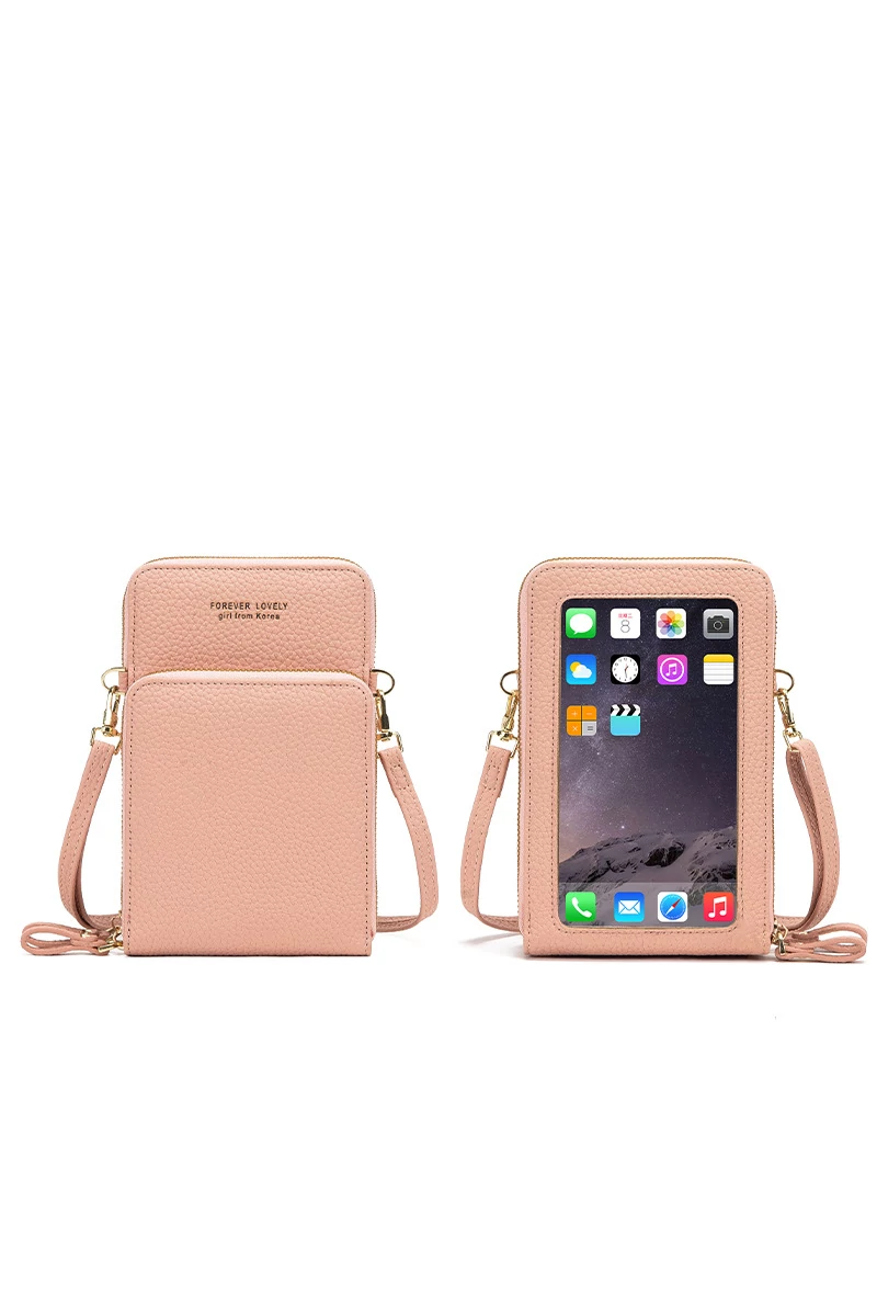 Crossbody Pénztárca Táska Ökobőrböl Rózsaszín Bonluo érintőképernyővel 18*11*4,5 cm