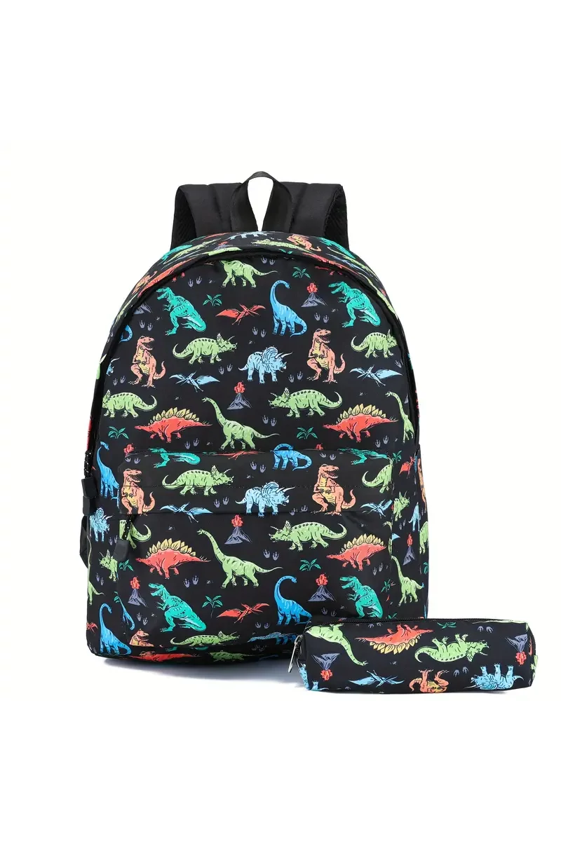 Iskolai Hátizsák Szett Gyerekeknek, Dinoszaurusz Mintával, Tolltartóval, Fekete (2 darabos készlet)
