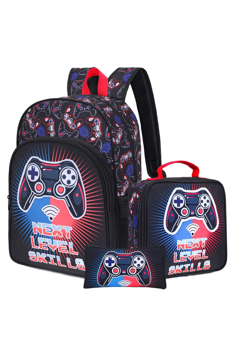 Iskolai Hátizsák Szett Fiúknak, Gamer Mintával, Fekete (3 darabos szett)