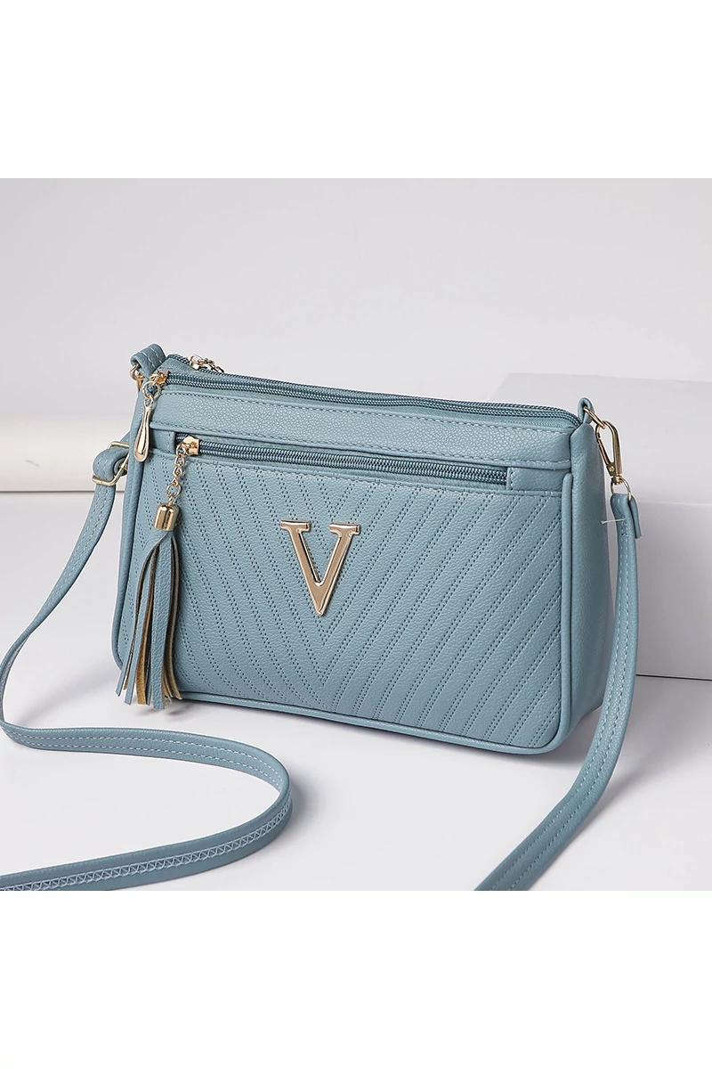 Női Crossbody Táska Elegáns Ökobőrböl Vízálló, Fém V kezdőbetűvel, Kék 26*16*8 cm