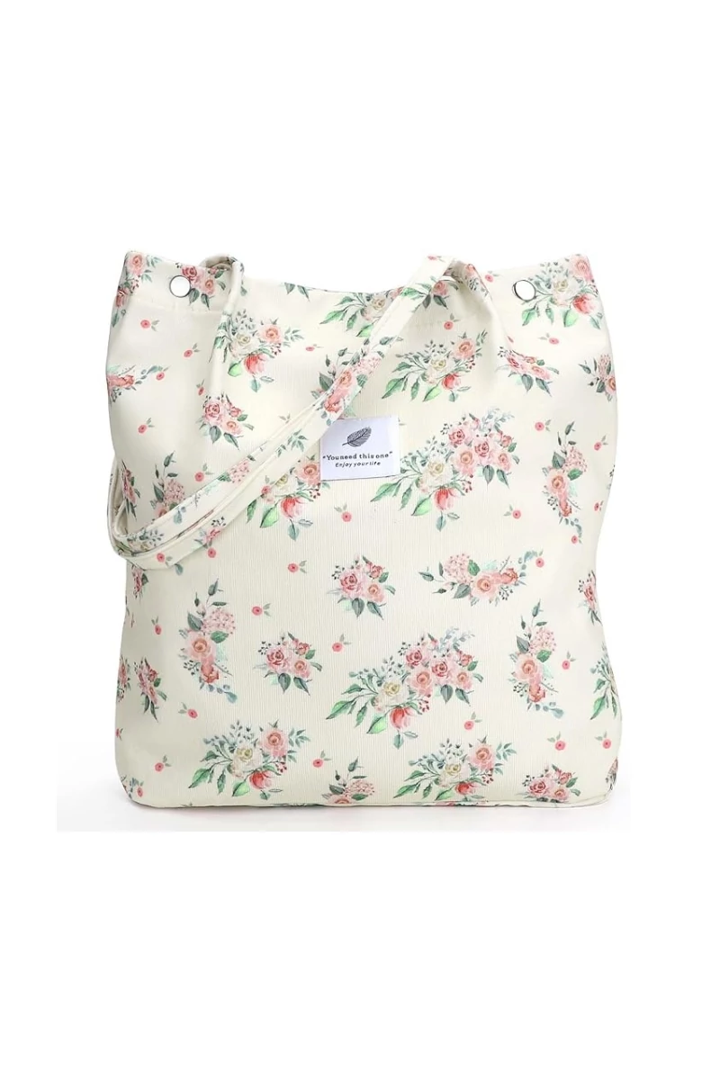 Női Vászontáska Tágas Elegáns Bézs Virág mintával Bonluo 38×35×11cm