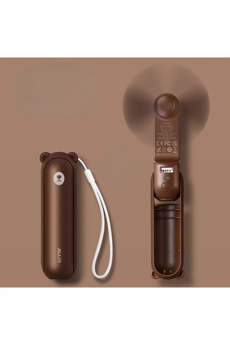 Barna Hordozható F8X 3 az 1-ben Mini Ventilátor – Összecsukható Kivitel Külső Akkumulátorral és Zseblámpával, 4000 mAh, USB-C