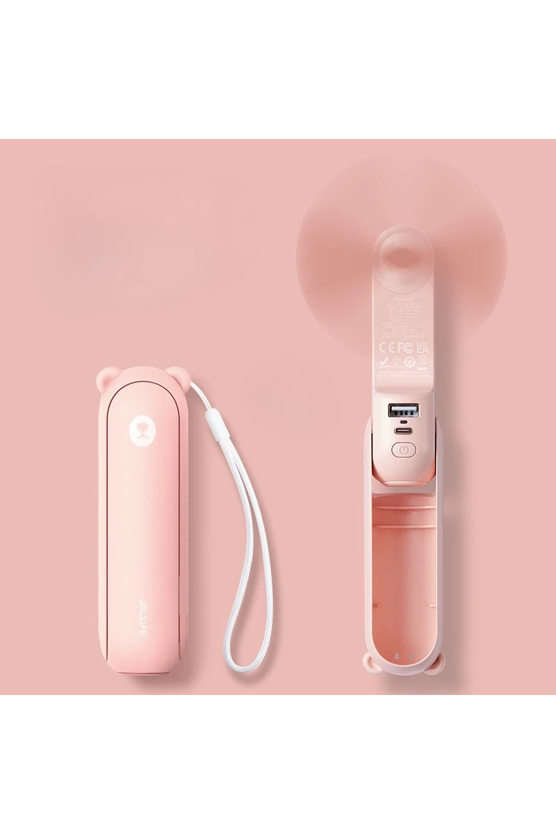 Rózsaszín Hordozható F8X 3 az 1-ben Mini Ventilátor – Összecsukható Kivitel Külső Akkumulátorral és Zseblámpával, 4000 mAh, USB-C