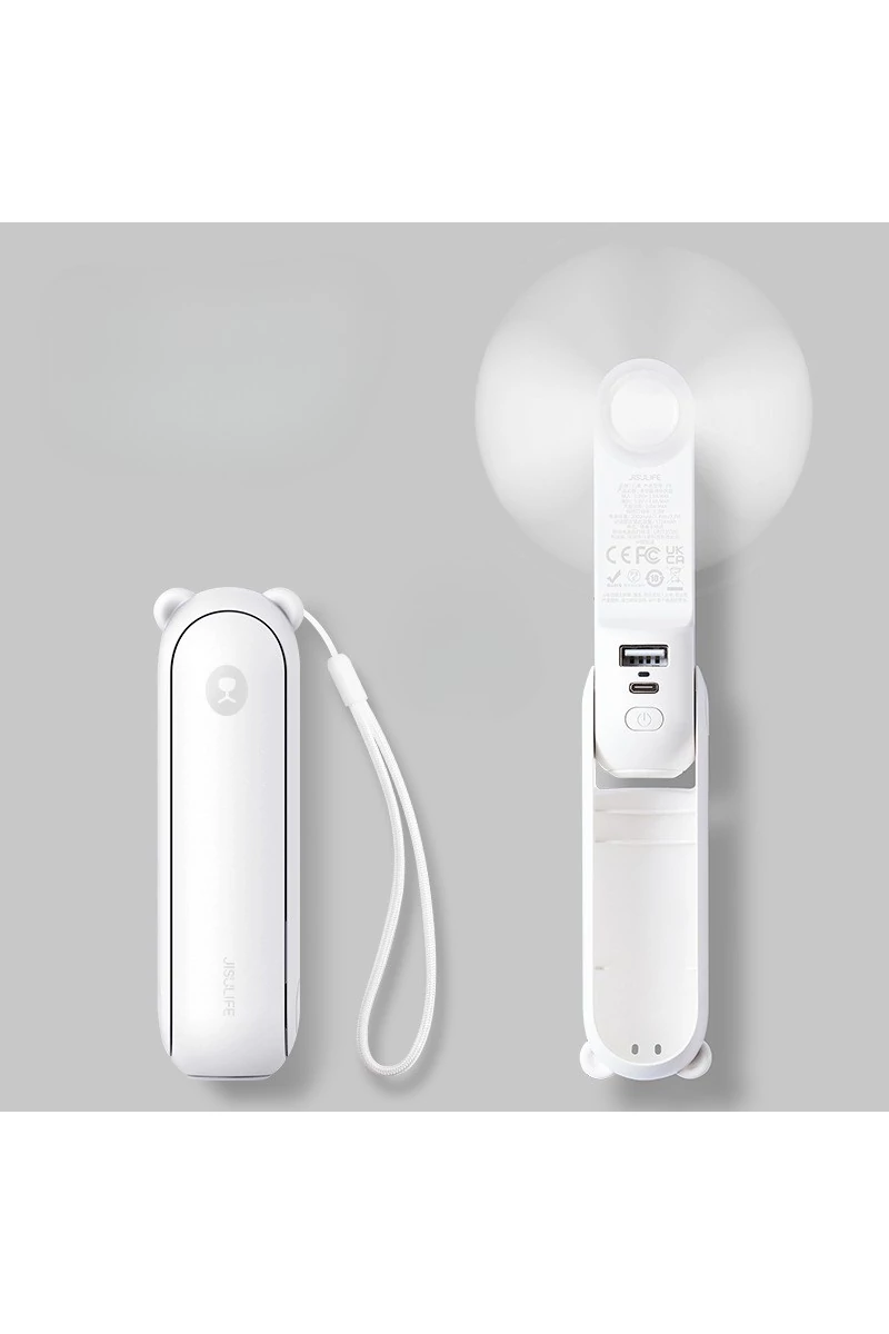 Fehér Hordozható F8X 3 az 1-ben Mini Ventilátor – Összecsukható Kivitel Külső Akkumulátorral és Zseblámpával, 4000 mAh, USB-C