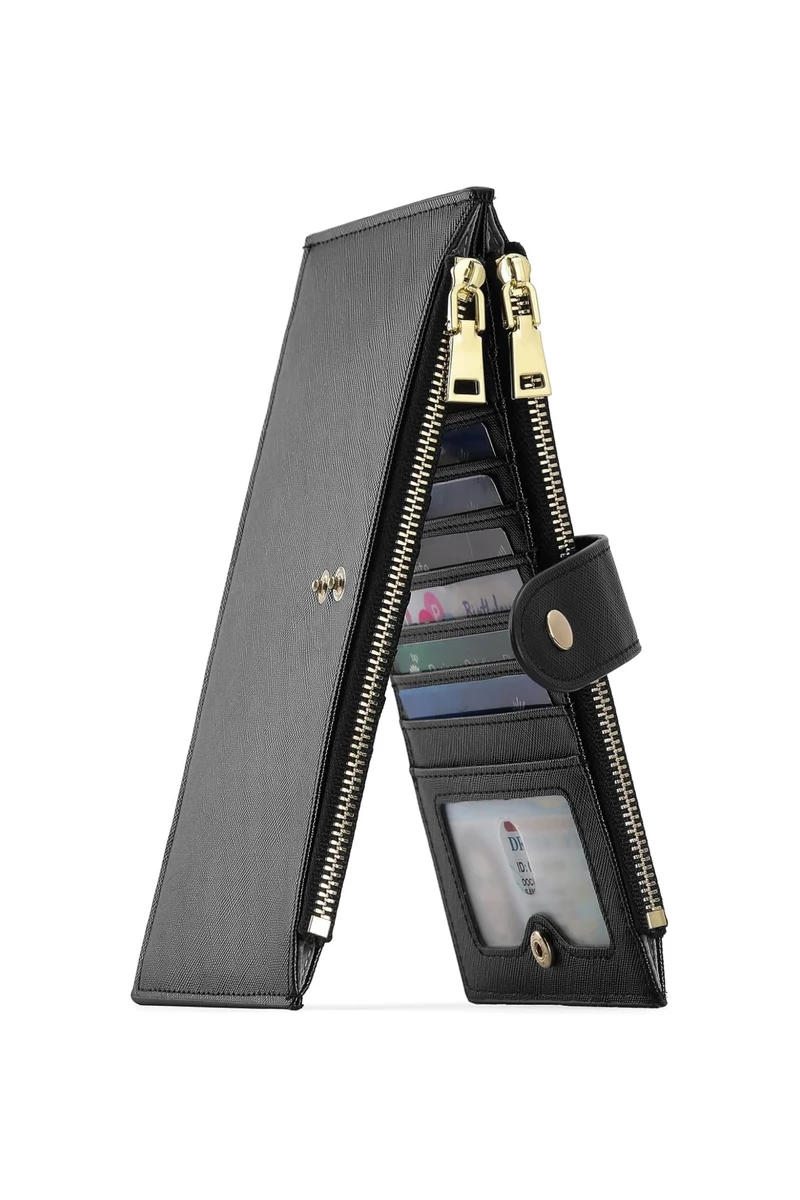 Női Pénztárca RFID, PU bőrből, 16 kártyatartóval Fekete 19,5×11×2cm