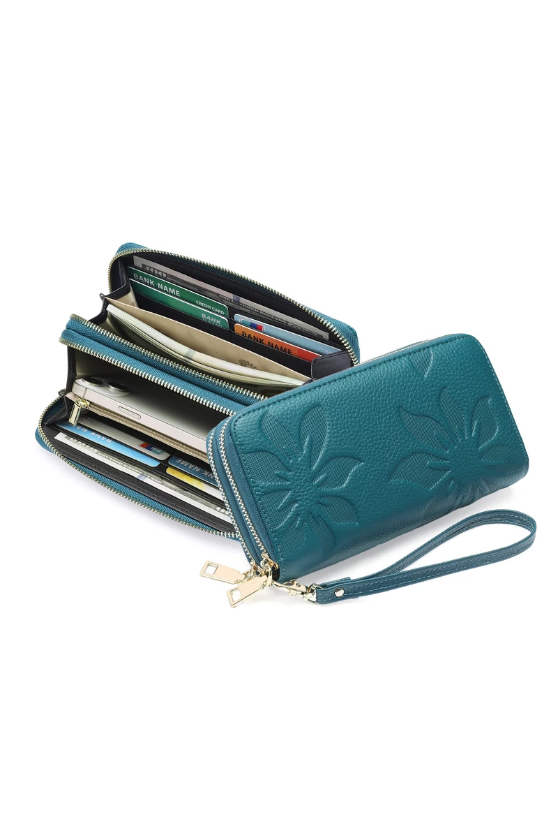 Női Pénztárca, PU Bőrből, RFID Védelemmel, Elegáns Virágmintás Design, Bonluo Kék 19×10×4cm