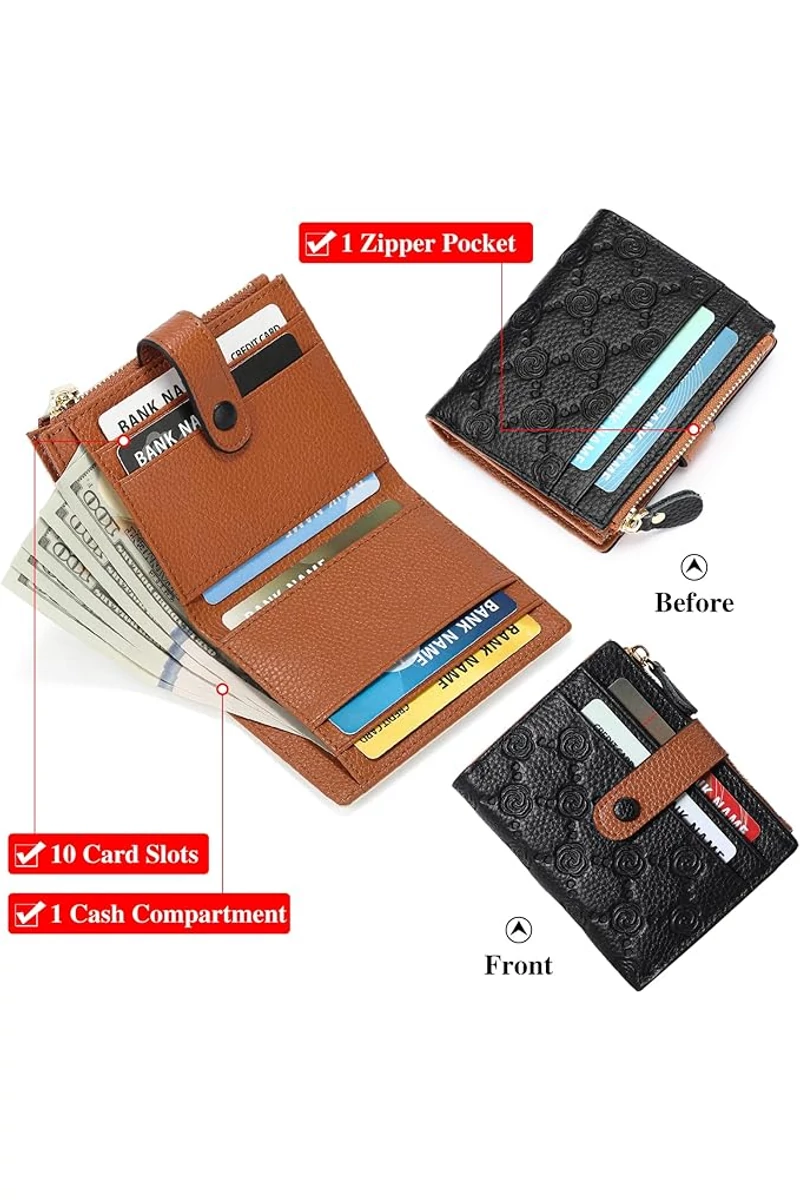 Női Pénztárca Valódi Bőrből, RFID Védelemmel, 10 kártyatartóval, Bonluo Fekete-Barna 11,7×9×1,2 cm