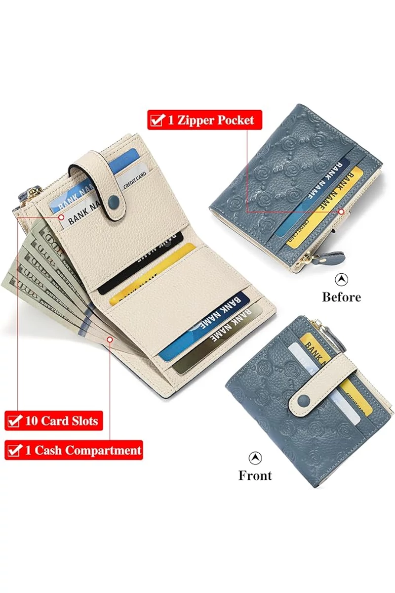 Női Pénztárca Valódi Bőrből, RFID Védelemmel, 10 kártyatartóval, Bonluo Kék-Fehér 11,7×9×1,2 cm