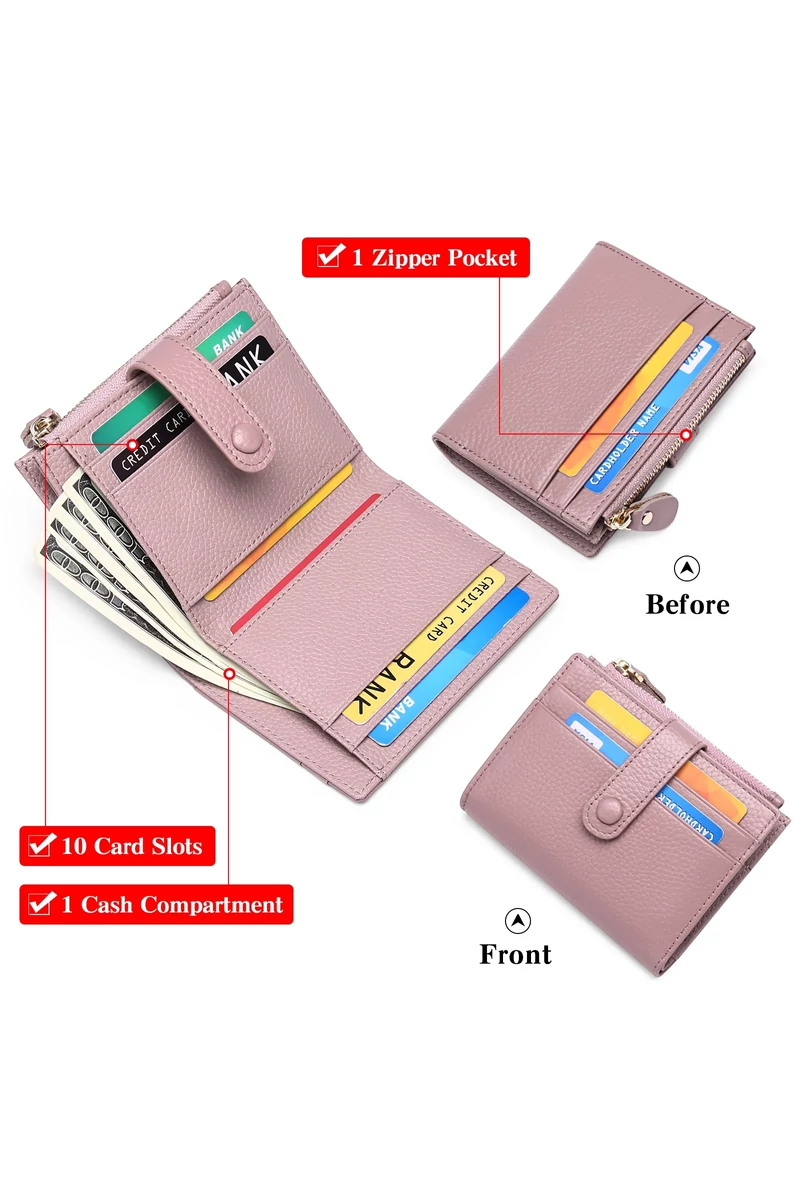 Női Pénztárca Valódi Bőrből, RFID Védelemmel, 10 kártyatartóval, Bonluo Lila 11,7×9×1,2 cm