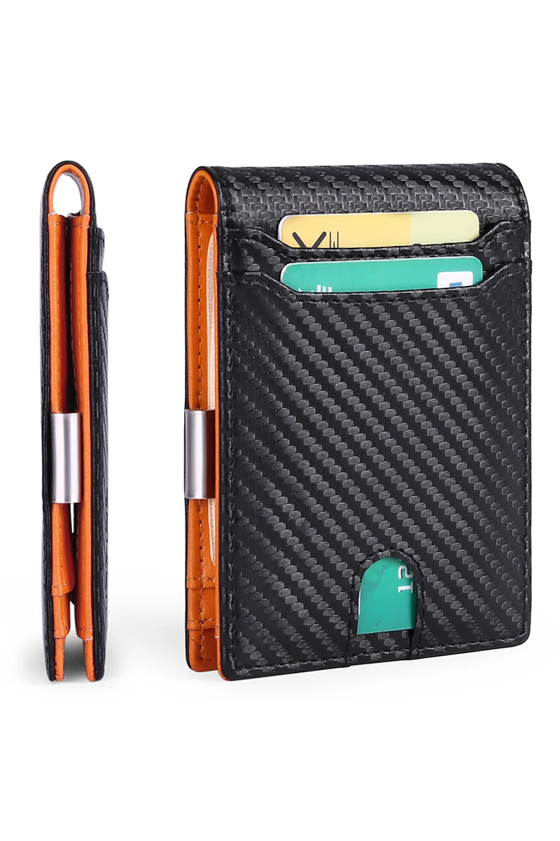 Slim Pénztárca RFID Kompakt Kialakítással, PU bőrből, Bonluo Fekete - Narancssárga 12×9×1,5cm
