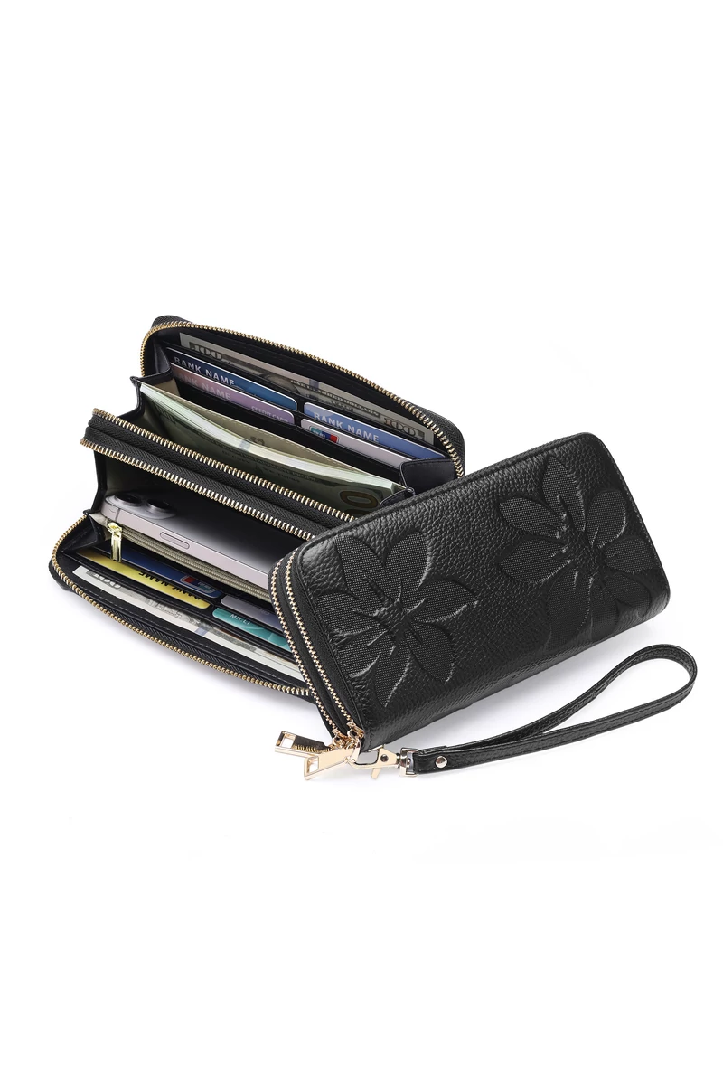 Női Pénztárca, PU Bőrből, RFID Védelemmel, Elegáns Virágmintás Design, Bonluo Fekete 19×10×4cm