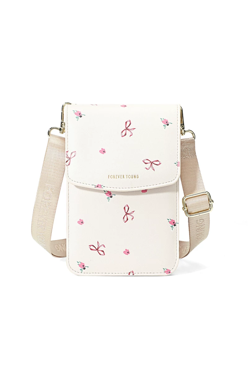 Crossbody Táska Mini, PU anyagból, Virágmintás Dizájnnal, Bonluo Bézs 19,5×13×5cm