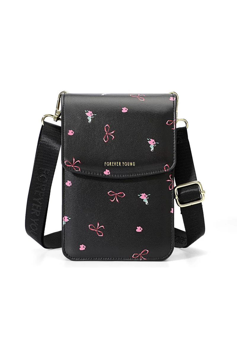 Crossbody Táska Mini, PU anyagból, Virágmintás Dizájnnal, Bonluo Fekete 19,5×13×5cm