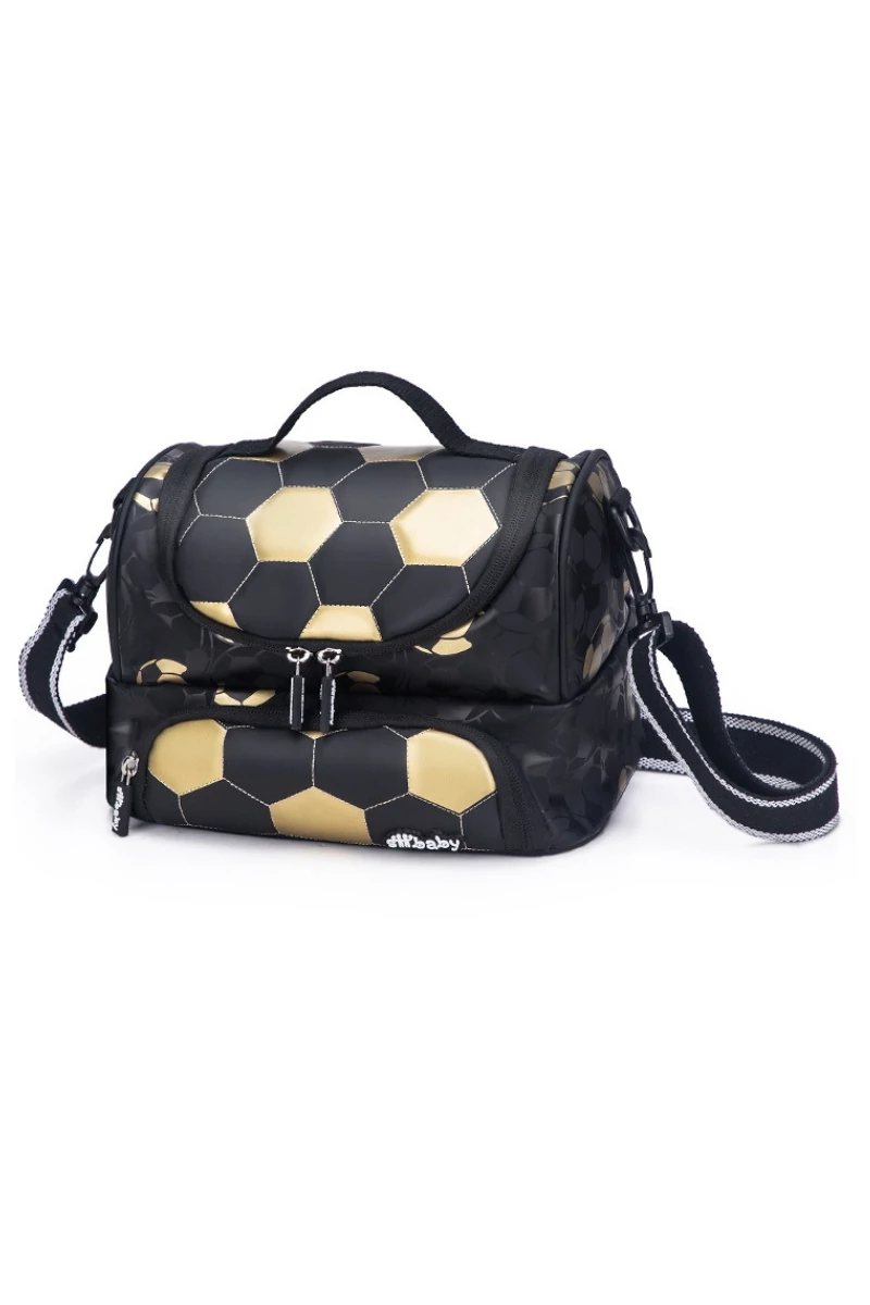 Crossbody Táska Gyerekeknek,Szigetelt, Vízálló, Fekete Arany futball Mintával 18*25*16cm